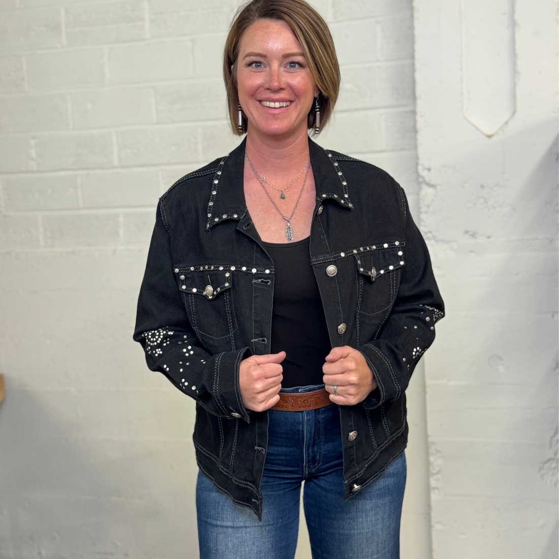 Vintage DG2 Studded Black Denim Jacket – Western Glam Rocker Style, Size L