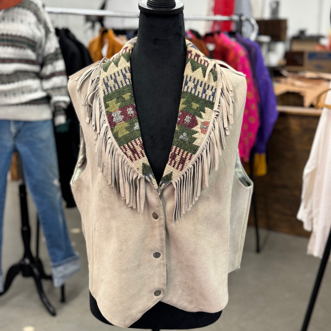 Vintage 90s Fringe Needlepoint Collar Taupe Vest