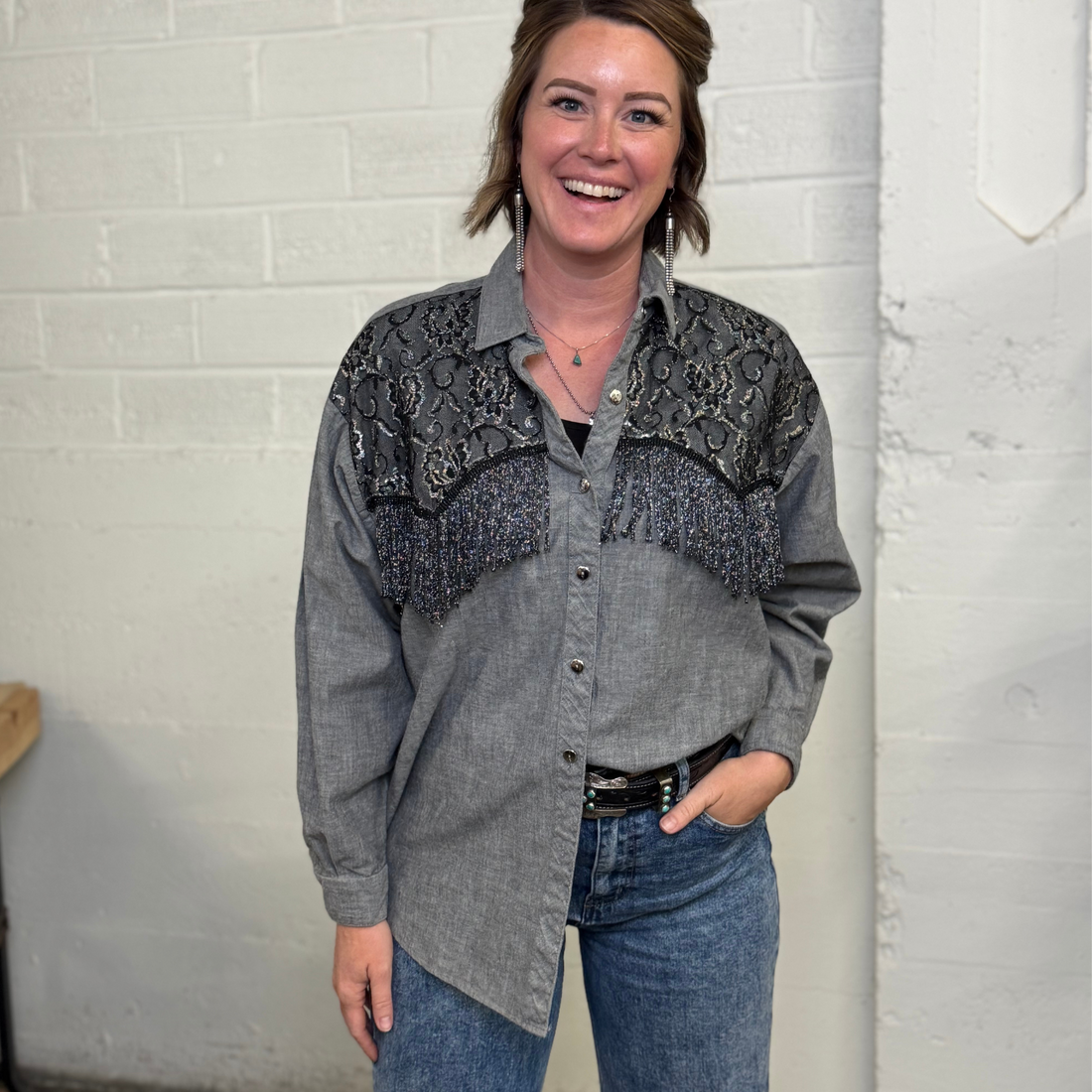 Vintage Circle T Gray Chambray Western Shirt – Black Shimmer Lace & Fringe, Made In USA