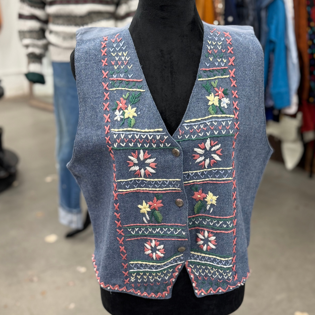 Vintage Erika Classics Embroidered Denim Blue Vest