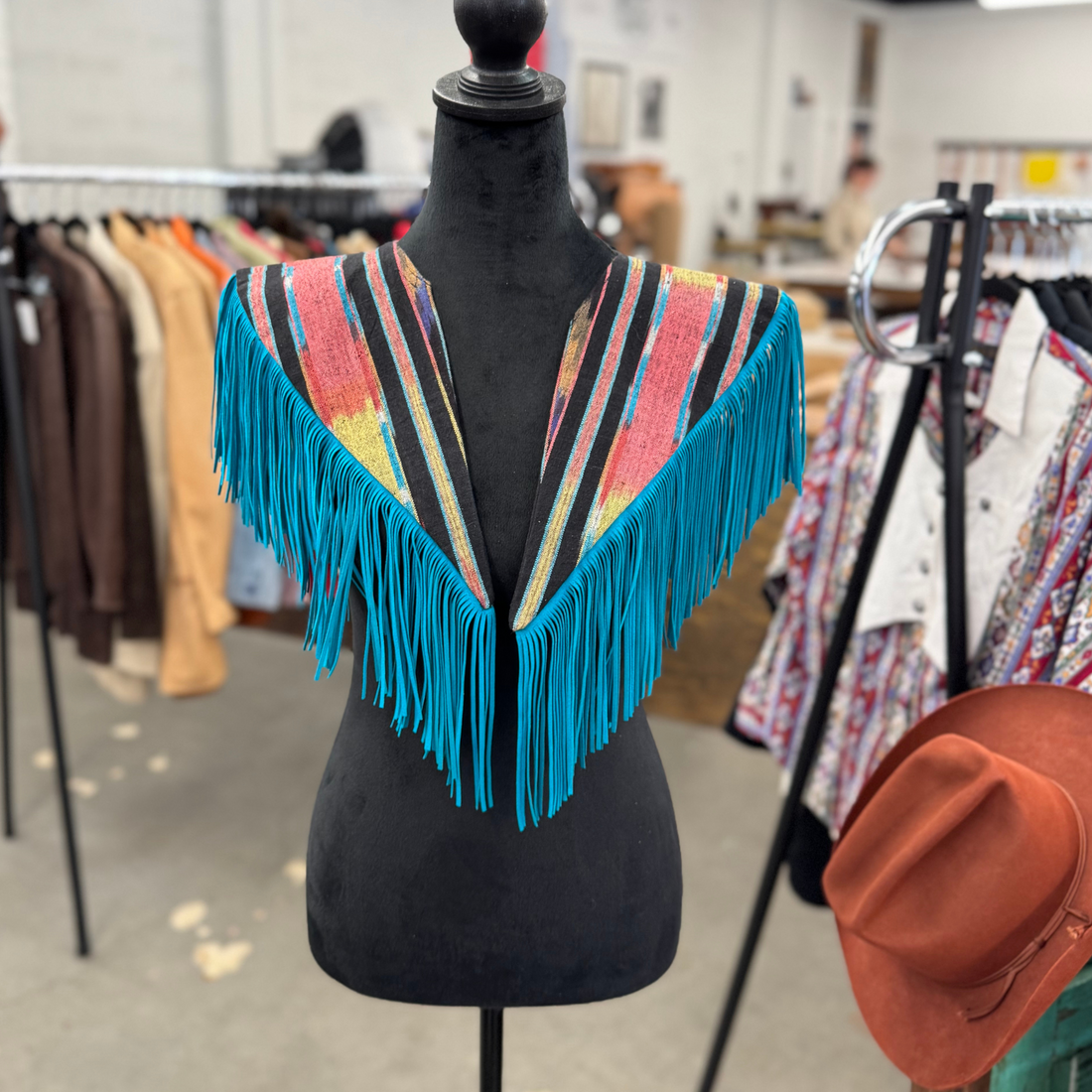Vintage Fabric &amp; Suede Fringe Turquoise Cape