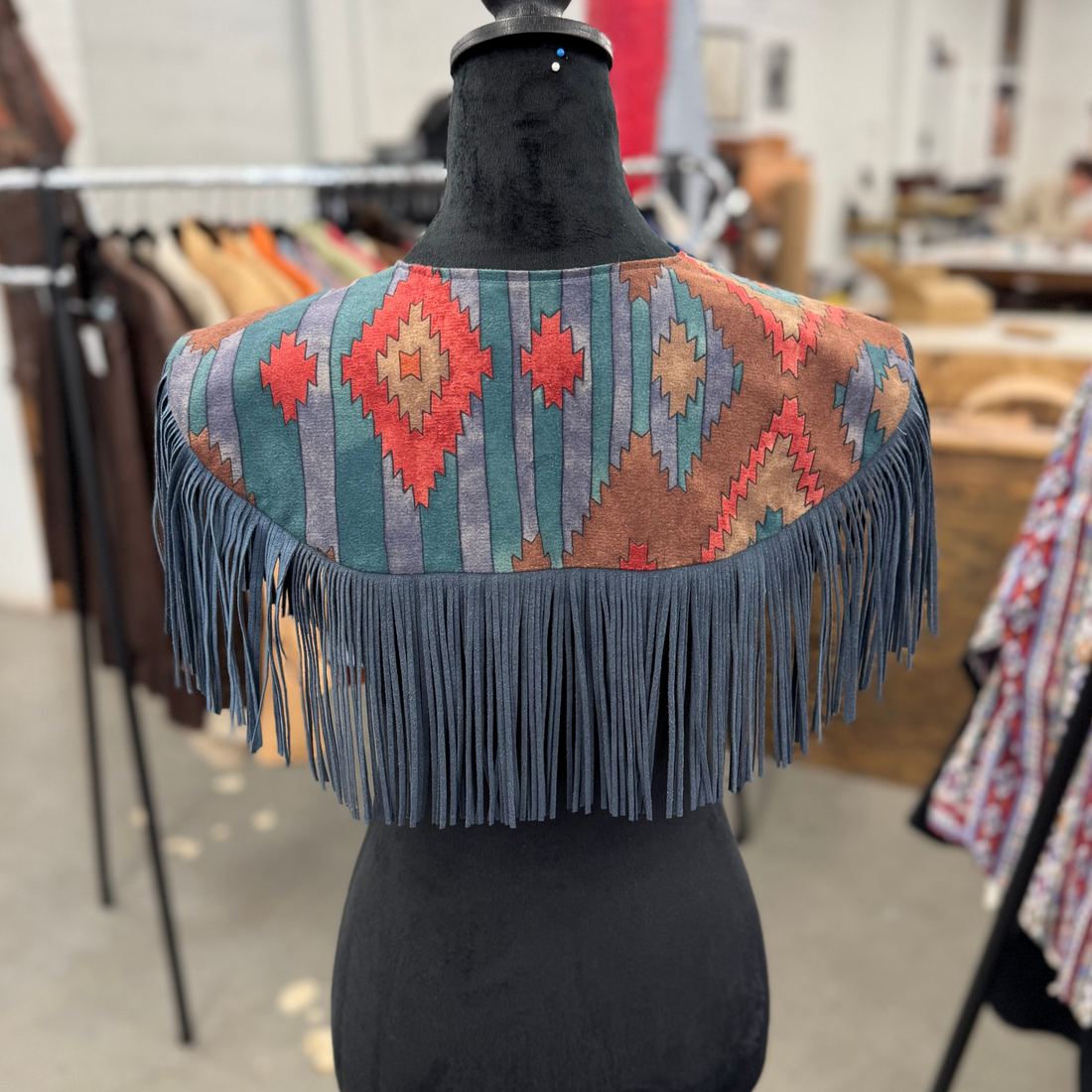 Vintage Fabric &amp; Suede Slate Blue Fringe Cape