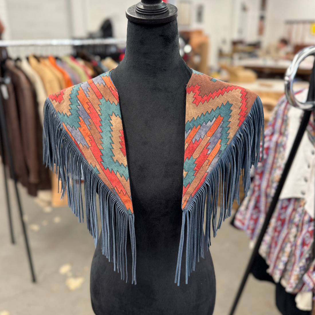 Vintage Fabric & Suede Slate Blue Fringe Cape
