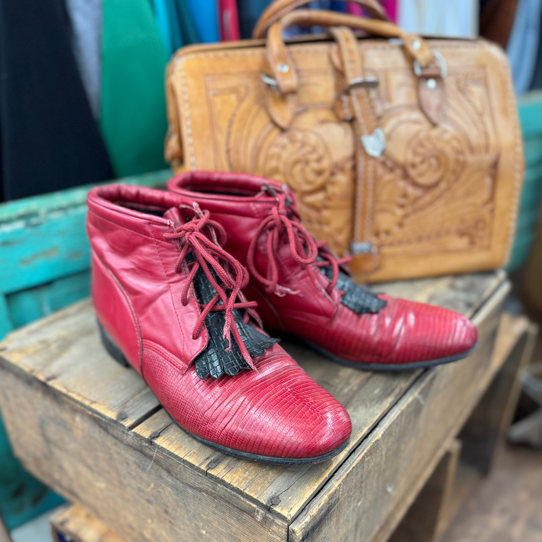 Vintage Red & Black Lizard Justin Lace Up Cowboy Boots