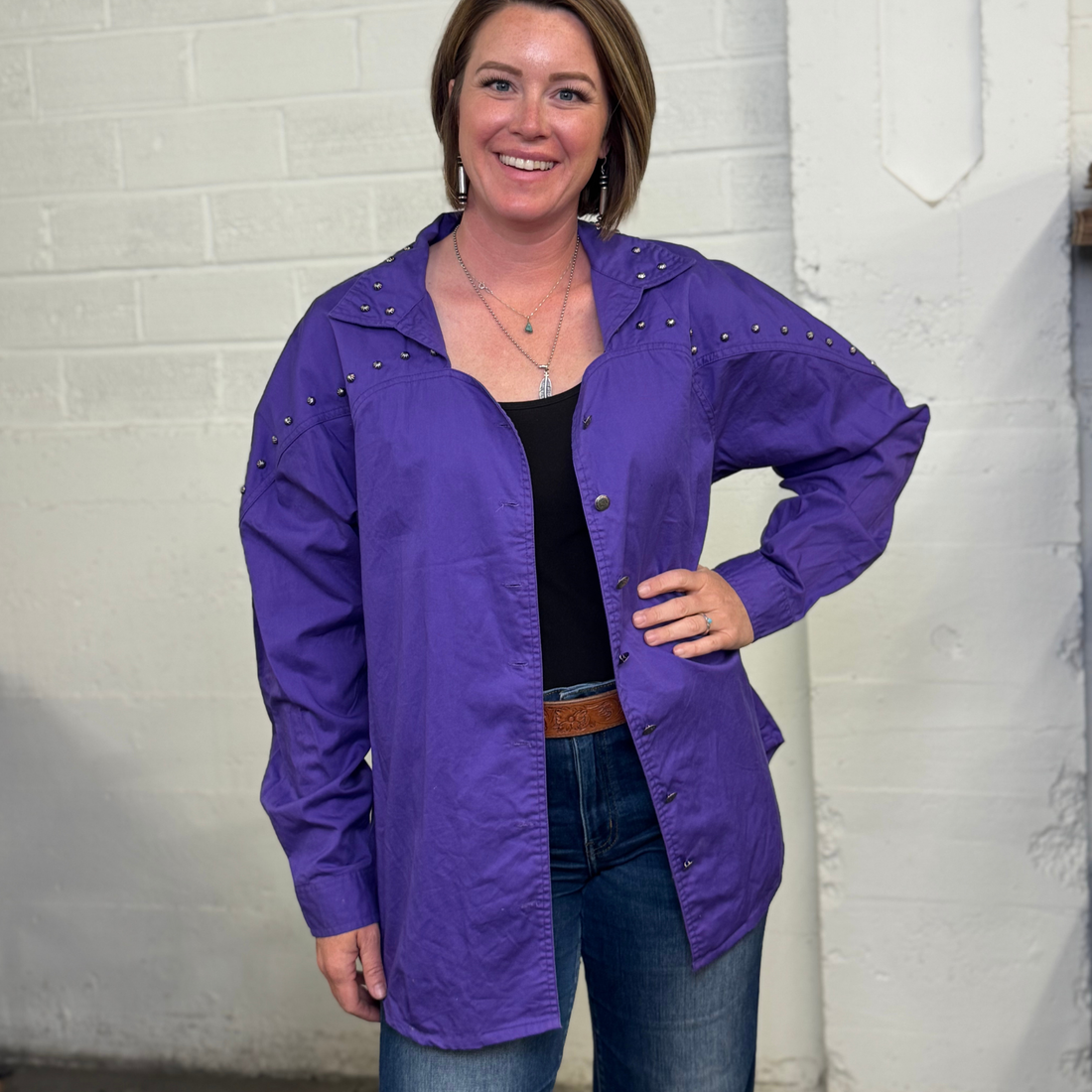 Vintage 90s Reno Western Snap Shirt – Purple Studded Button-Down, Size L