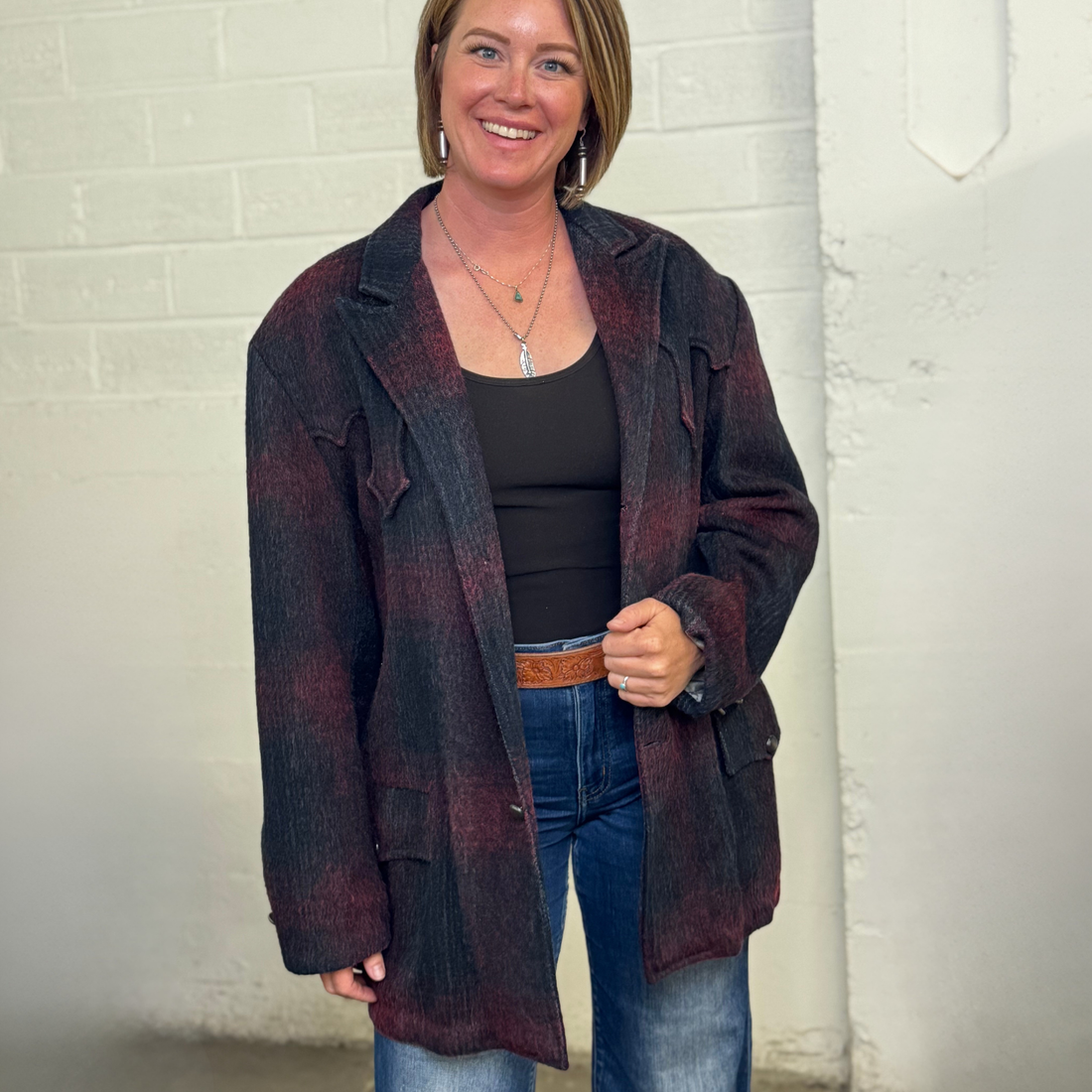 Vintage 70s Western Wool Blazer – Shadow Plaid Jacket with Yoke Details