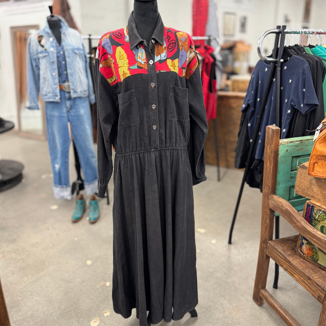 Vintage 80s Black Chambray & Boot Fabric Dress