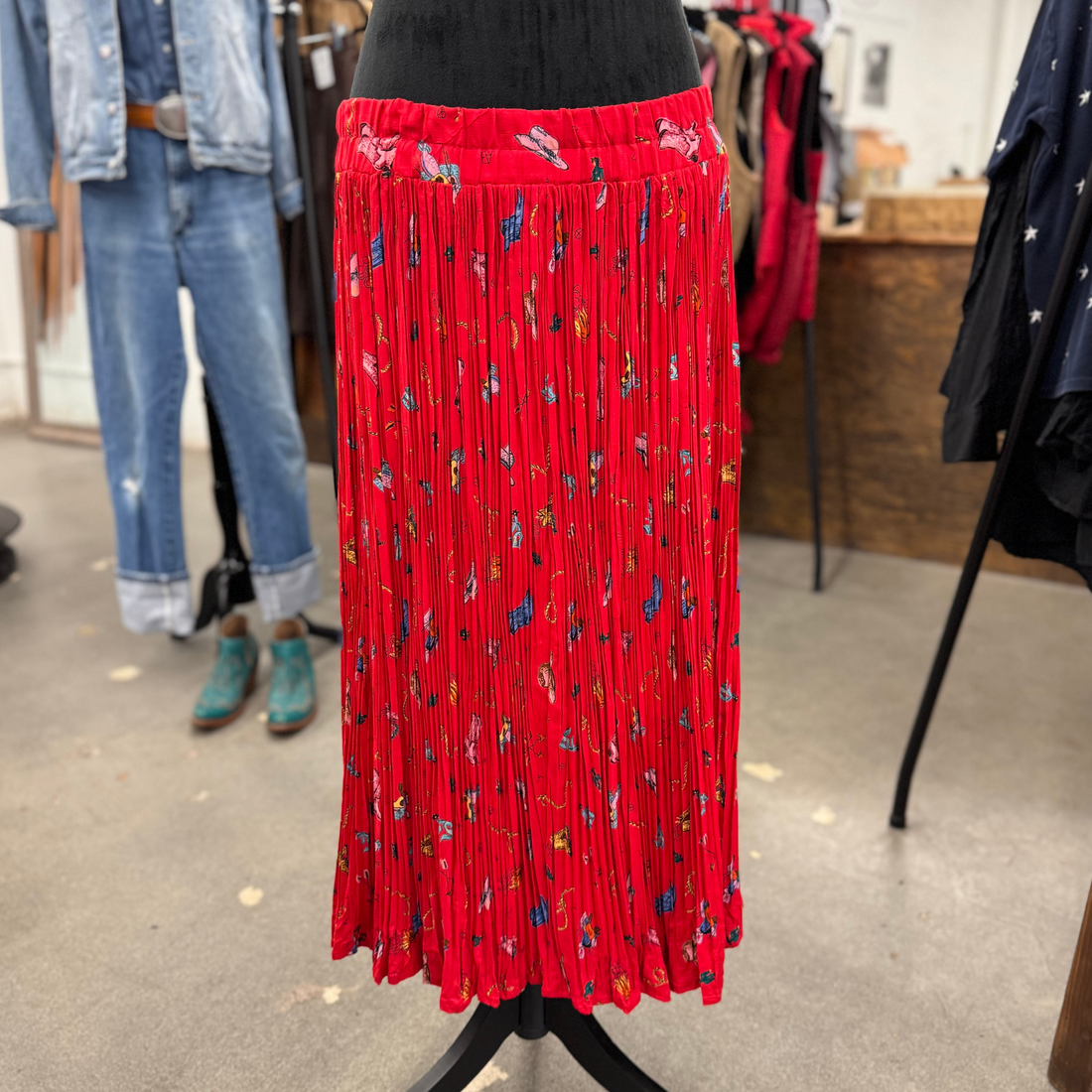Vintage Cowboy Print Pleated Skirt
