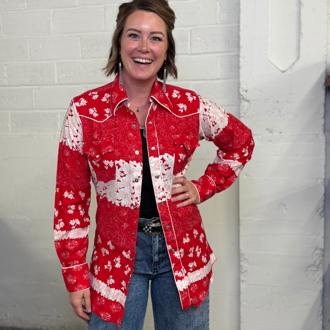 Vintage H Bar C Ranchwear Red Floral Long Tail Western Shirt – Made in USA
