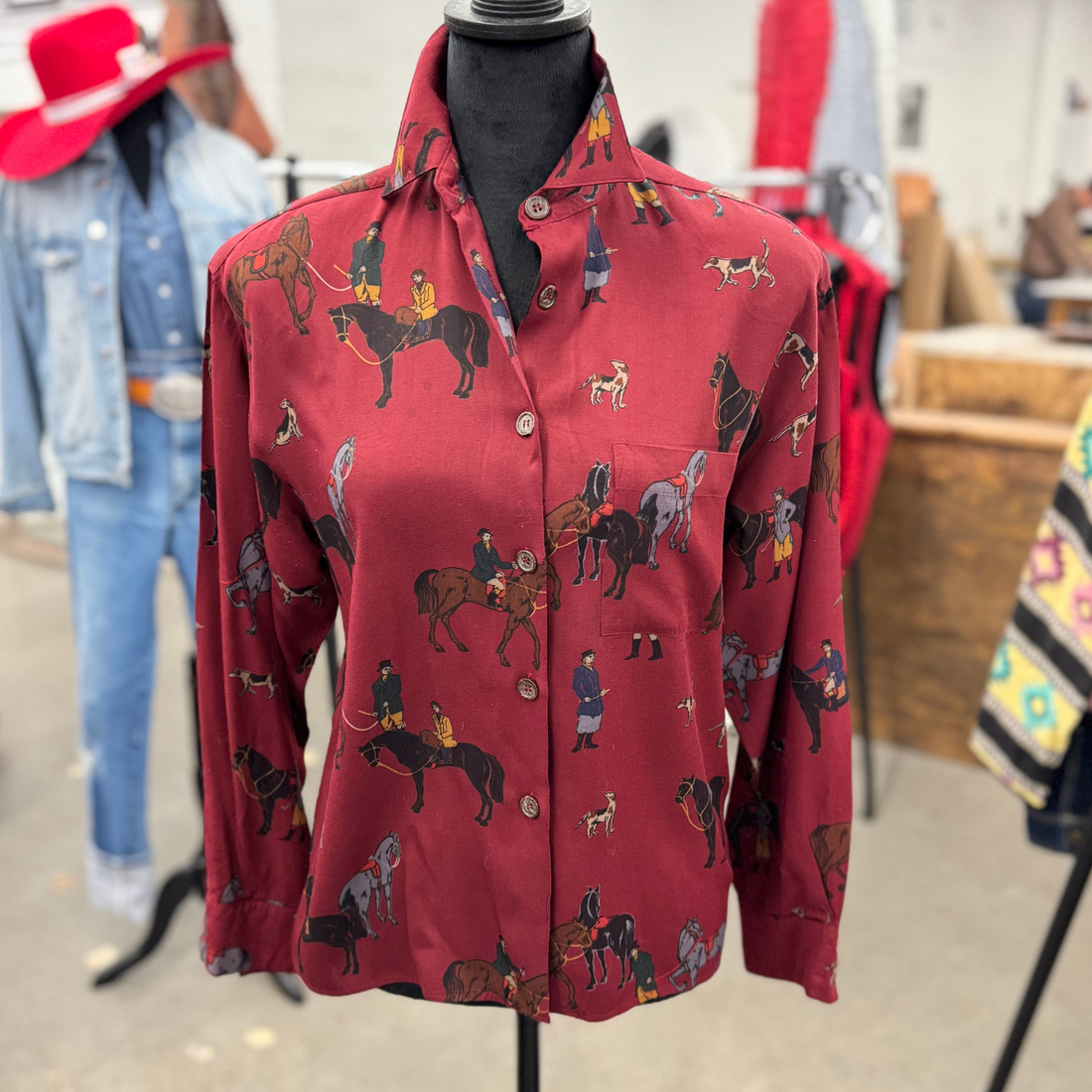 Vintage J.G. Hook Maroon Equestrian Print Shirt