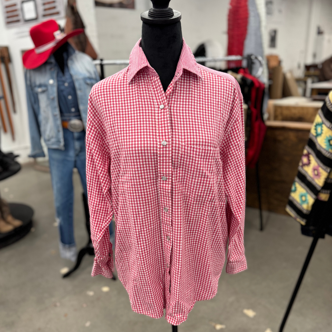 Vintage Denim Republic Red Gingham Pearl Snap Button Shirt