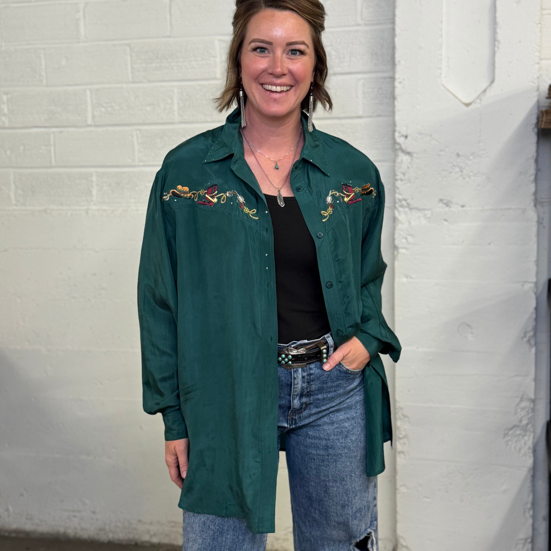 Vintage “Wanted” Beaded Silk Western Shirt – Embroidered Boots & Lasso, Size Large