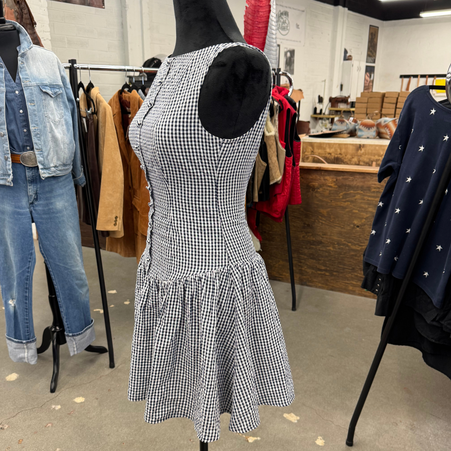 White &amp; Navy Gingham Dress