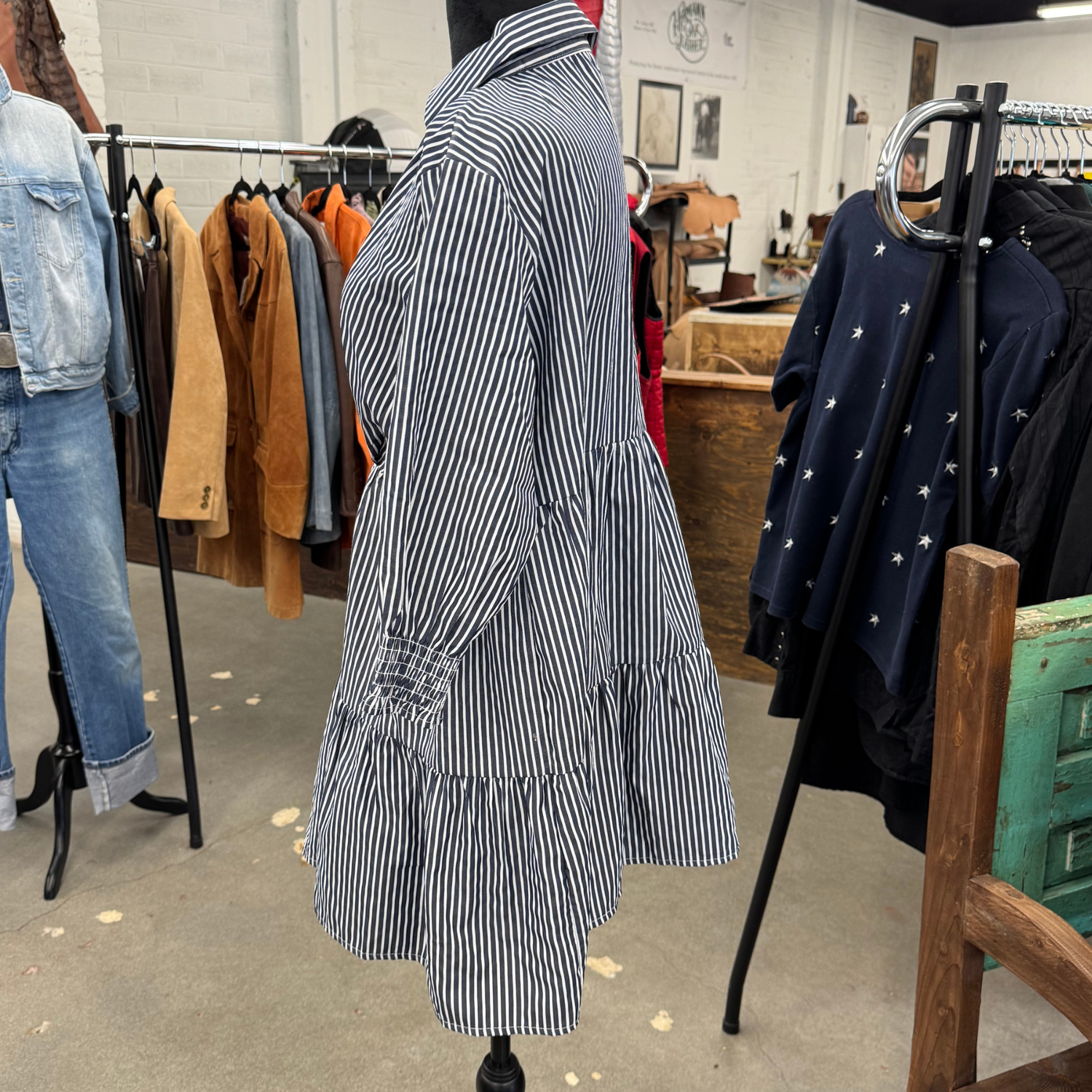 White &amp; Navy Striped Tiered Dress