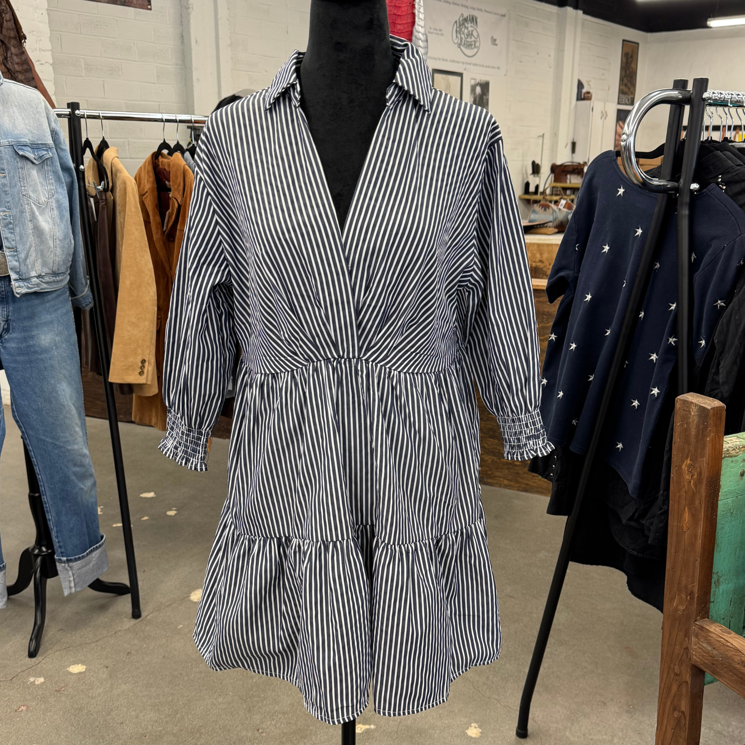 White &amp; Navy Striped Tiered Dress