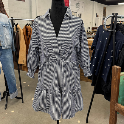 White &amp; Navy Striped Tiered Dress