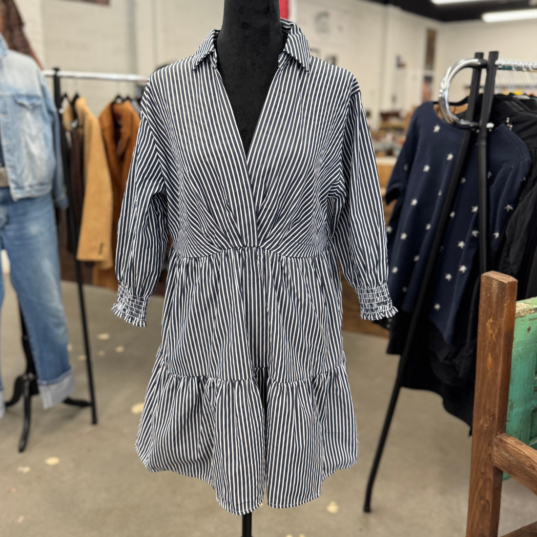 White & Navy Striped Tiered Dress